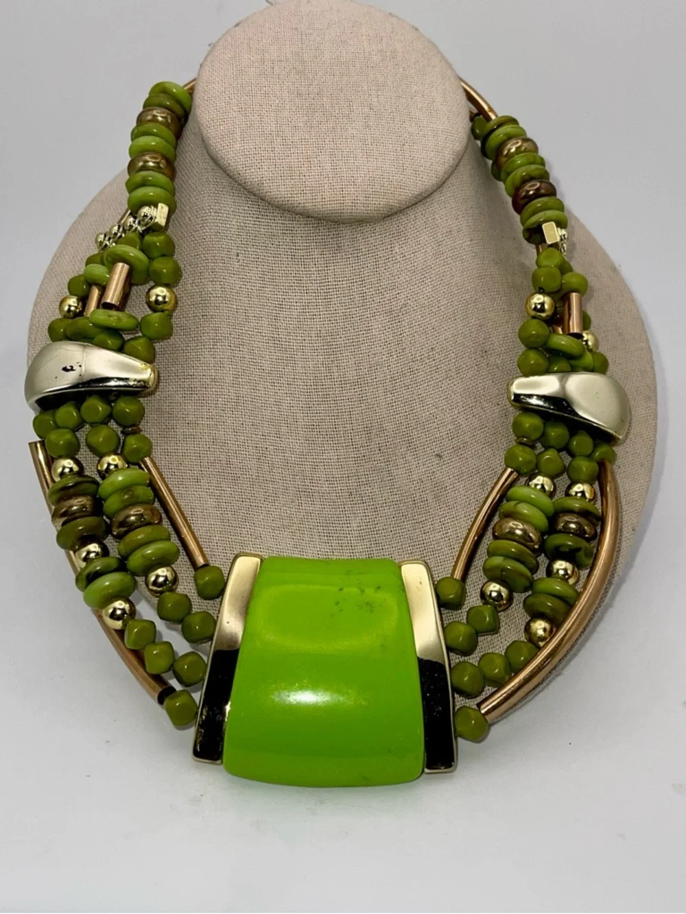 Vibrant Lime Green and Polished Gold Tone Multi Strand Statement Bib Necklace - Picture 5 of 15